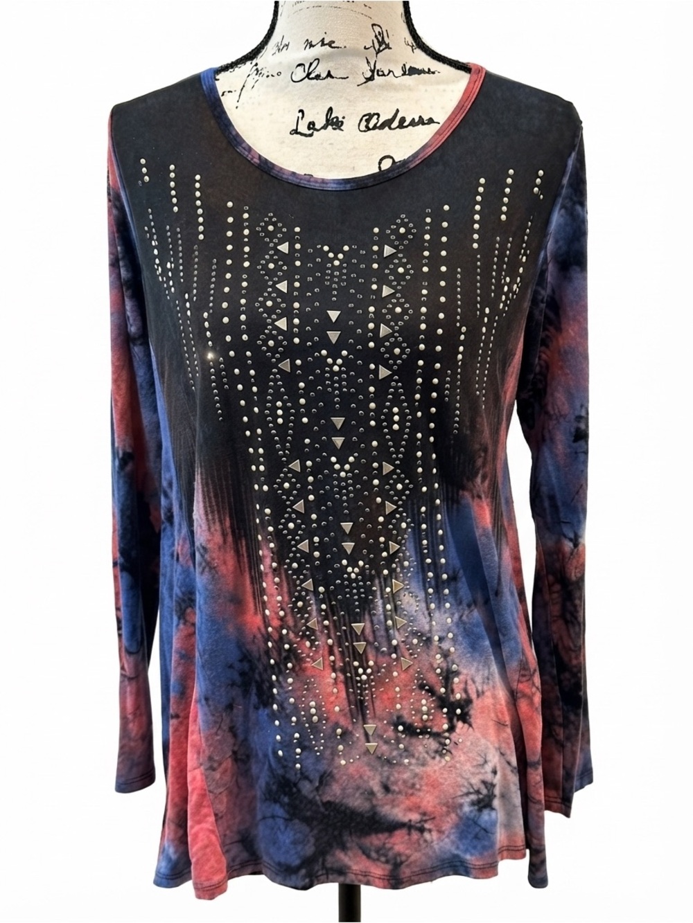 VOCAL-Studded Tie-Dye Long Sleeve Women's Top -Size Medium-ROOMY CUT.